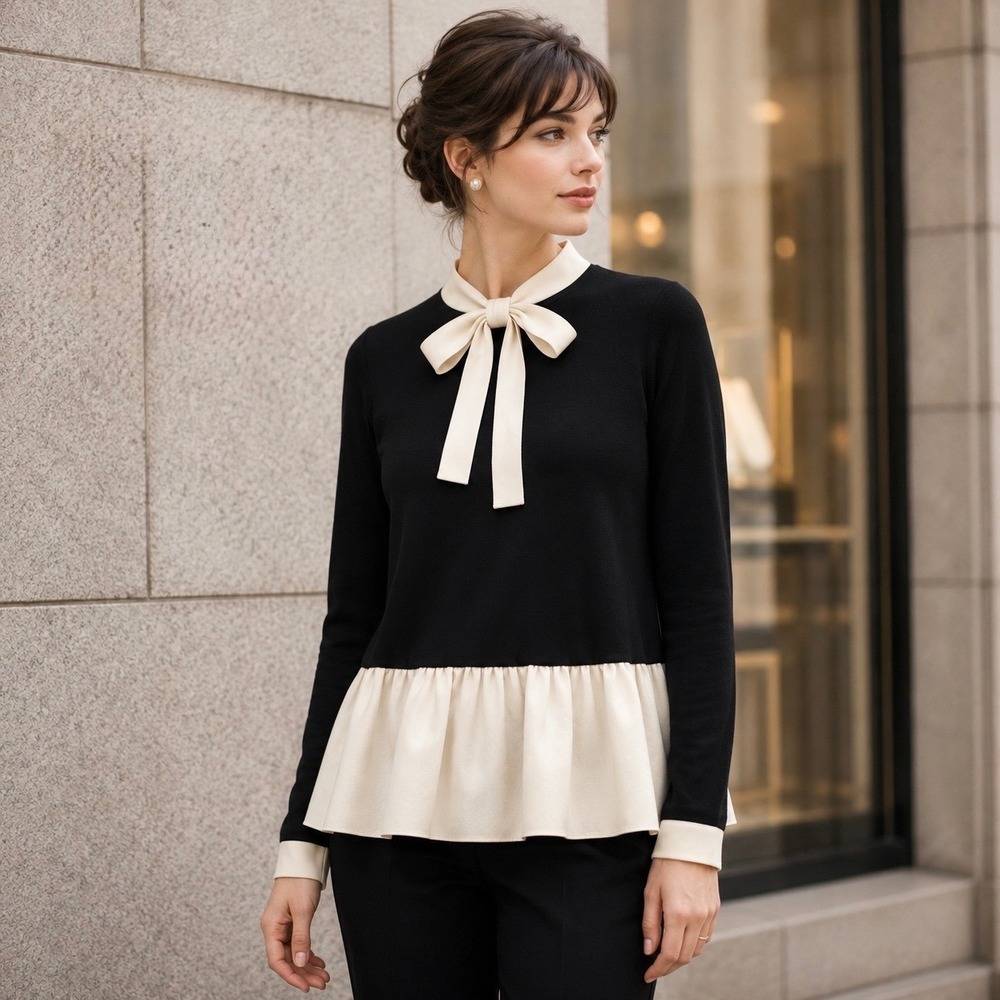 Kate Spade Wool Knit Top Bow Peplum Black Cream French Girl Preppy Coquette S